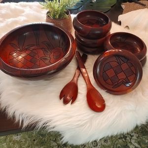 Vintage Mahogany  Hand Carved Wood Salad Bowl Set of 9 PC.  Made in Haiti .